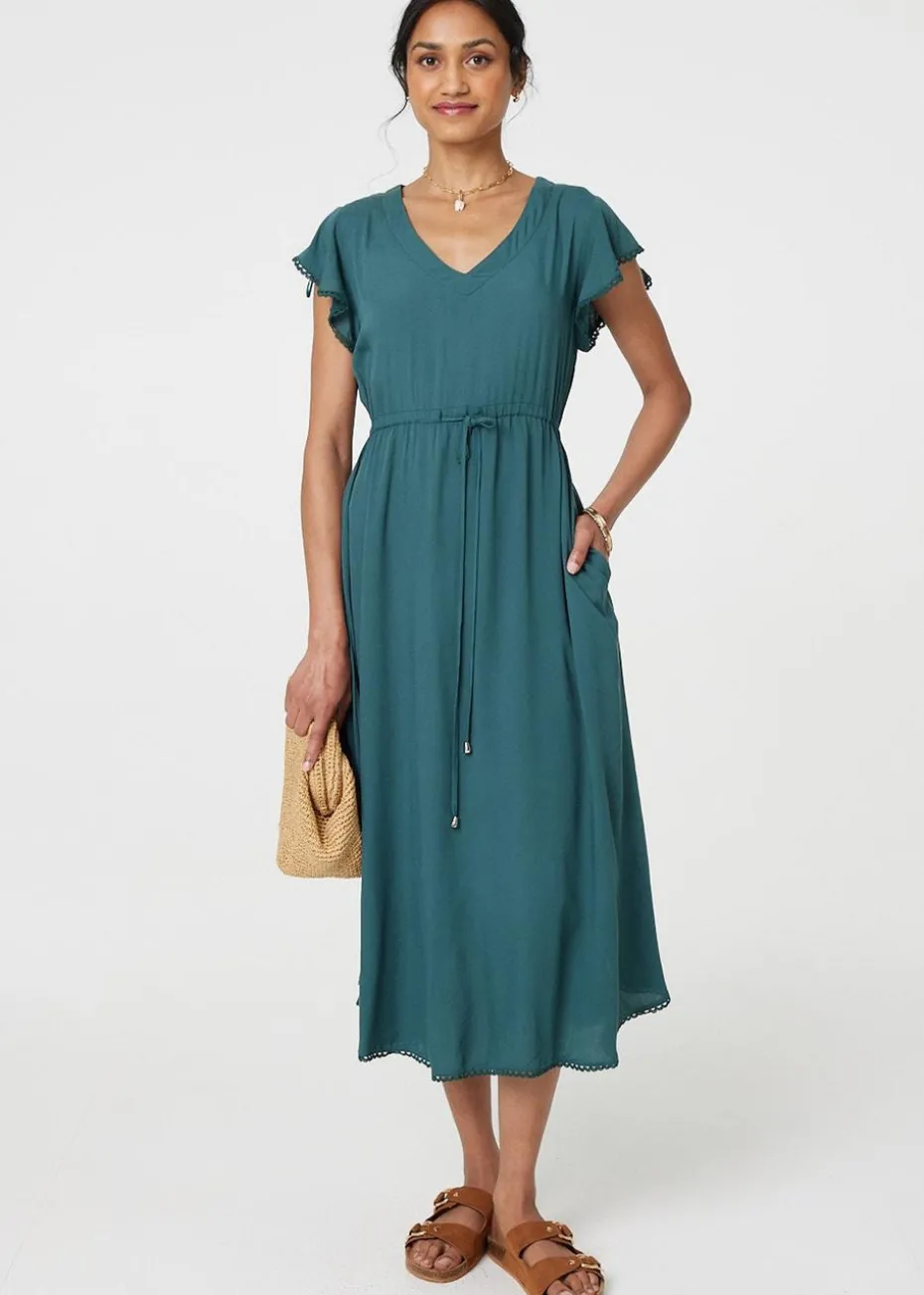 Izabel London Green Angel Sleeve Drawstring Waist Midi Dress
