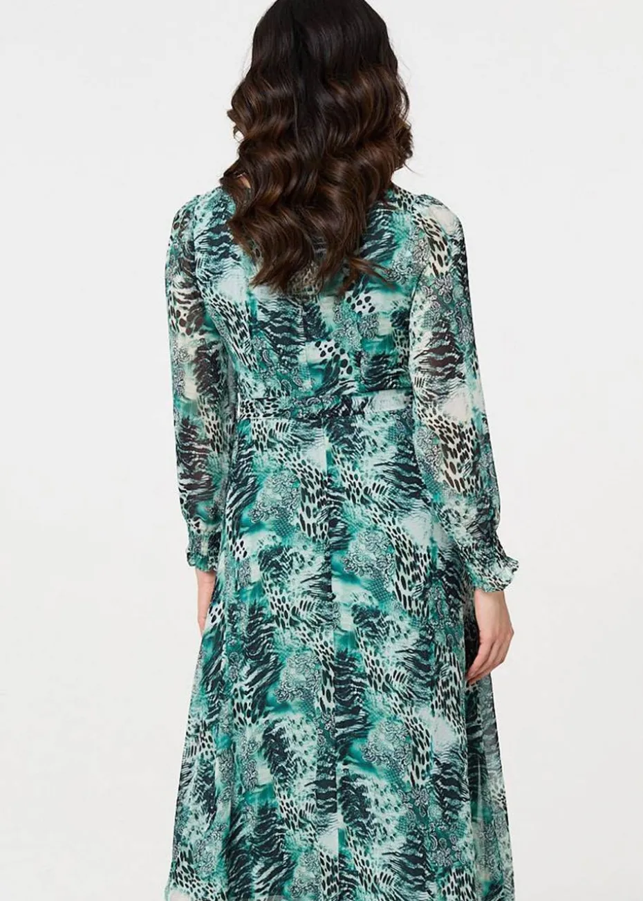 Izabel London Green Animal Print Semi Sheer Maxi Dress