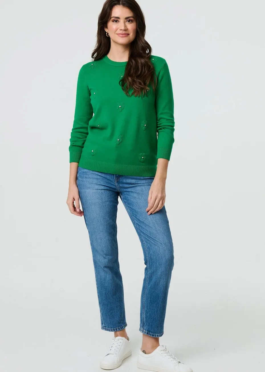 Izabel London Green Floral Gemstone Embellished Jumper