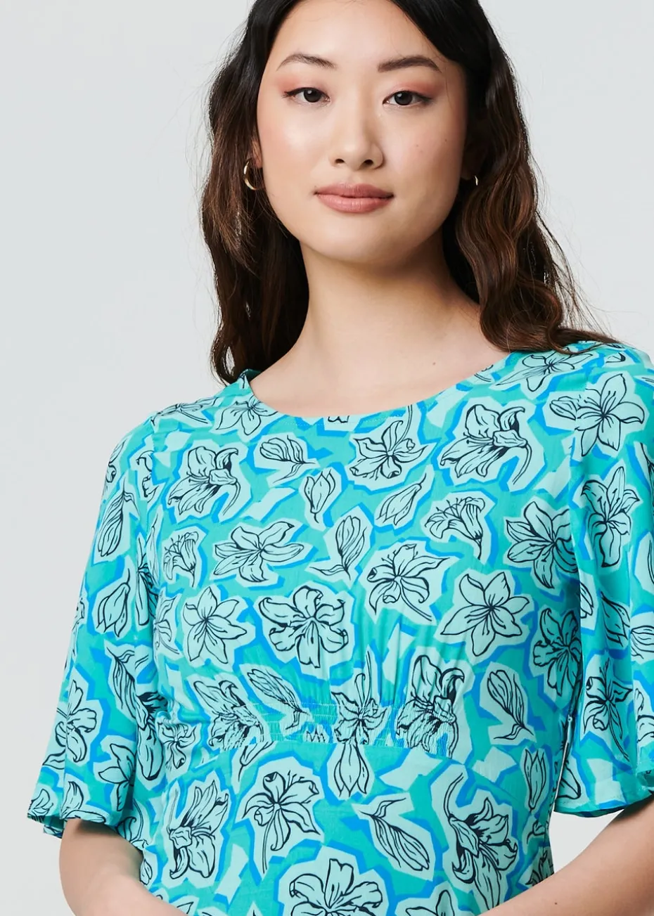 Izabel London Green Floral Flare Sleeve Midi Dress
