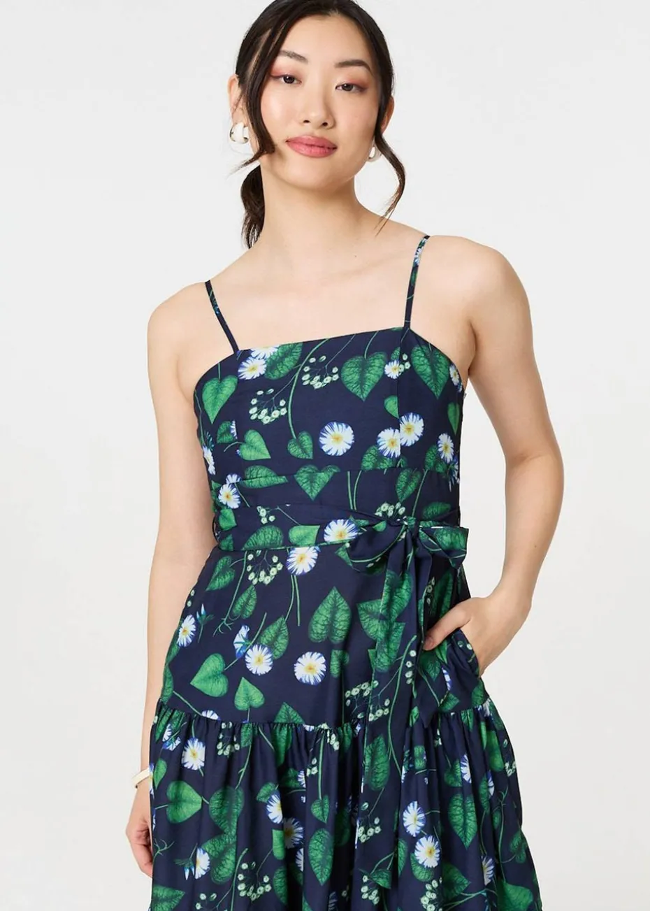 Izabel London Green Floral Sleeveless Tie Waist Midi Dress