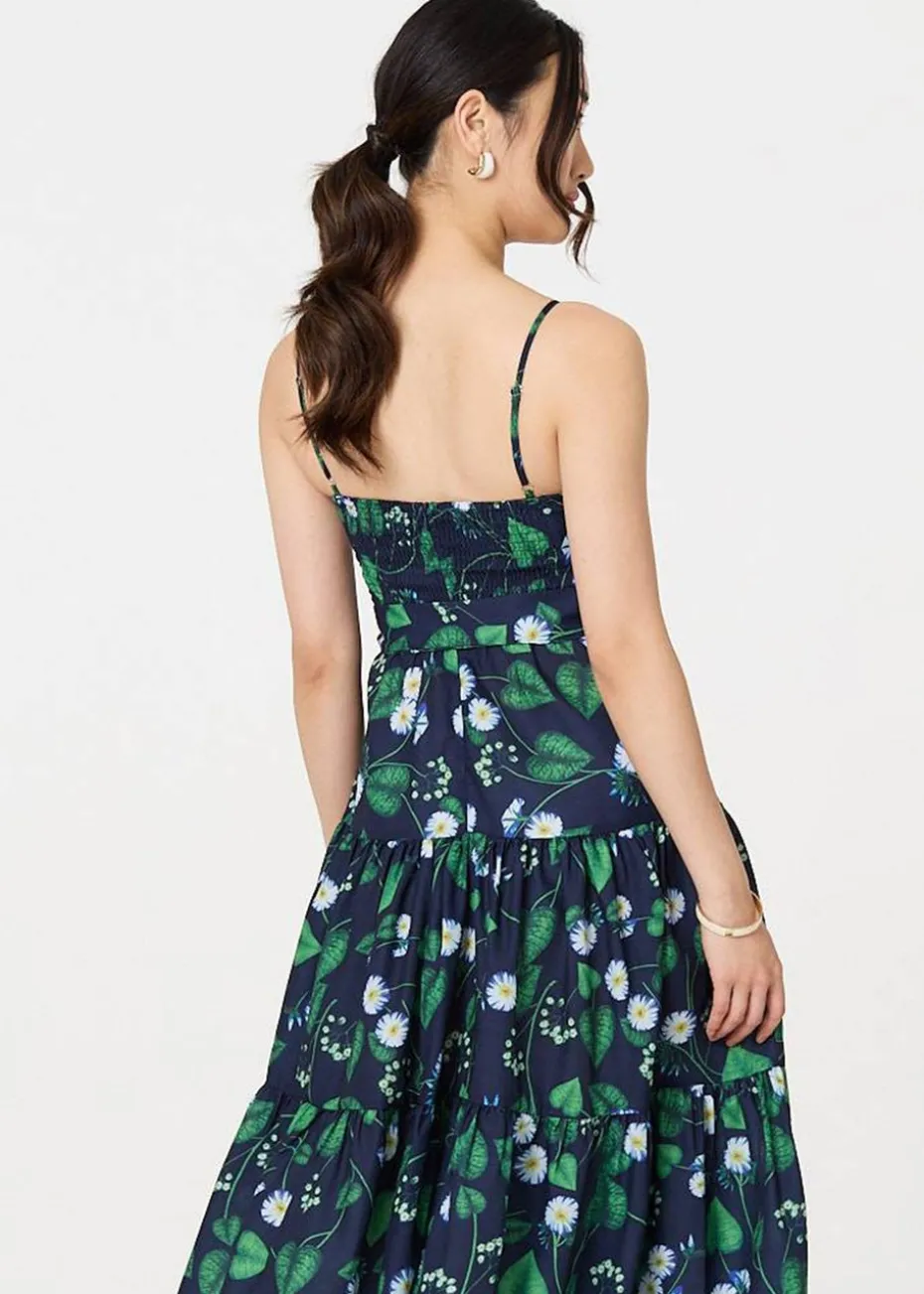 Izabel London Green Floral Sleeveless Tie Waist Midi Dress