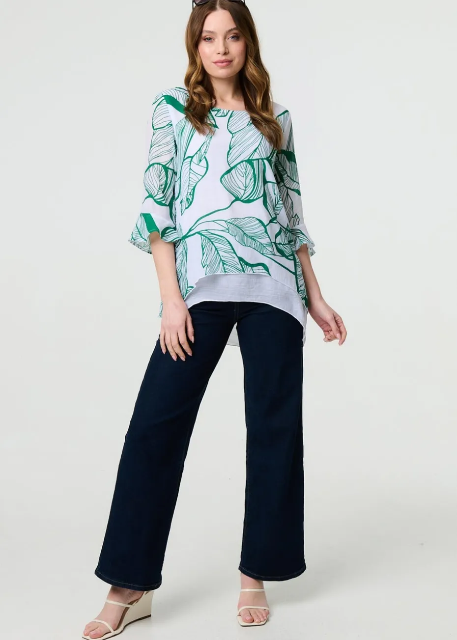 Izabel London Green Leaf Print 3/4 Sleeve Layered Tunic Top