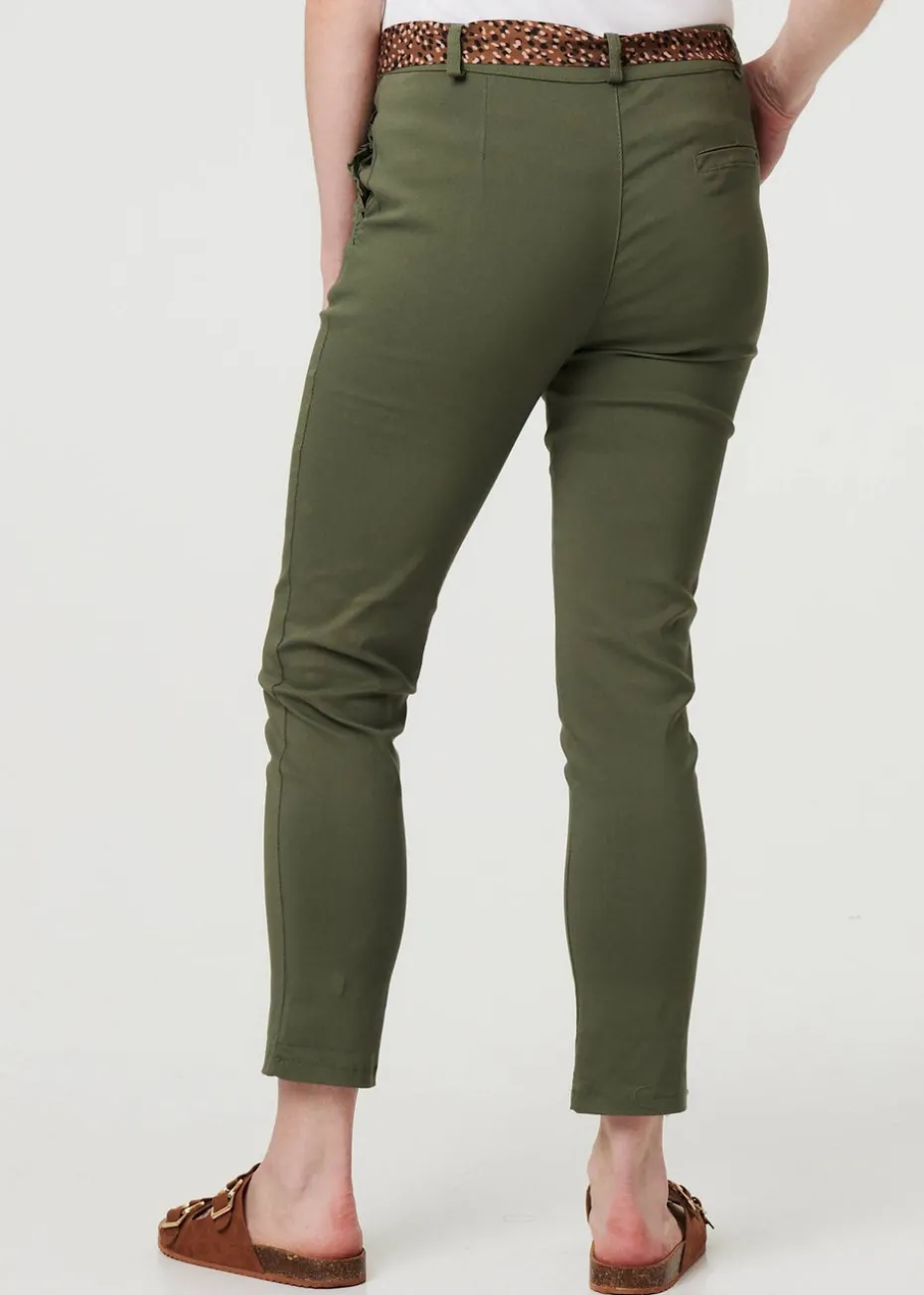 Izabel London Khaki Mid Rise Straight Trousers with Belt