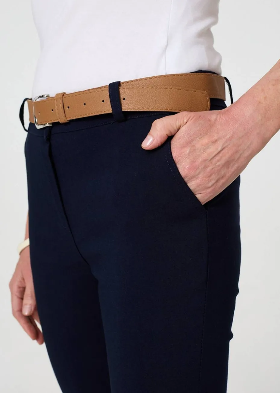 Izabel London Navy Belt Detail Slim Fit Cropped Trousers
