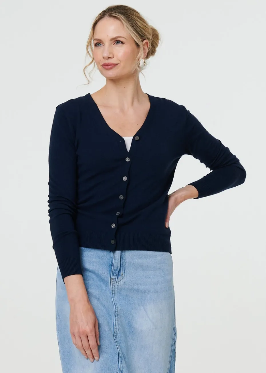 Izabel London Navy Cropped Button Up Slim Knit Cardigan