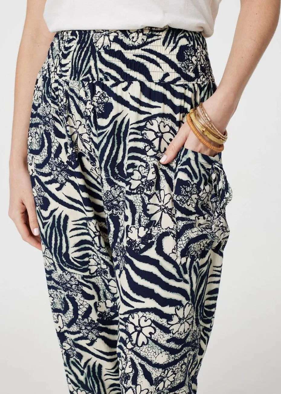 Izabel London Navy Floral Animal Print Harem Trousers