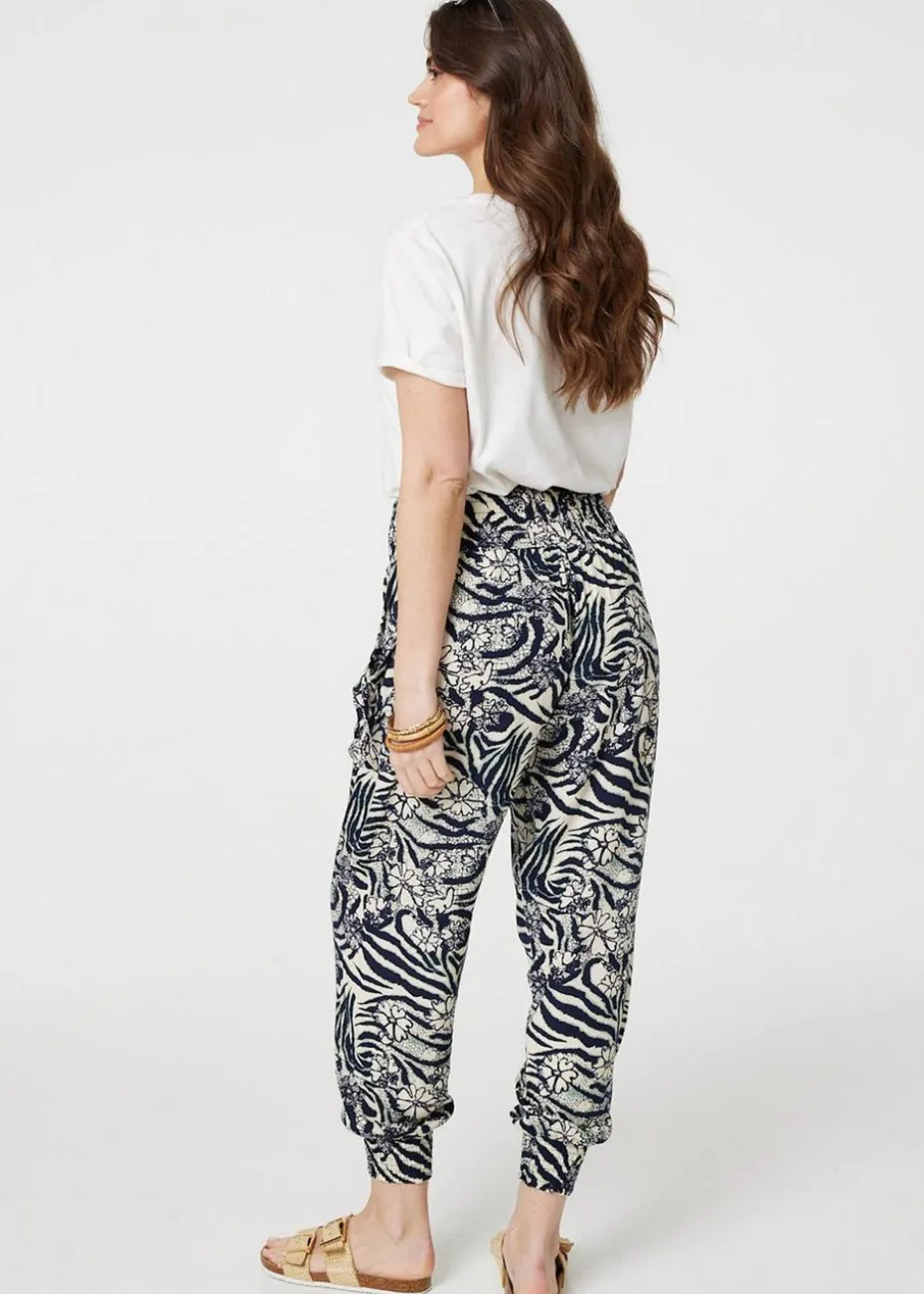 Izabel London Navy Floral Animal Print Harem Trousers