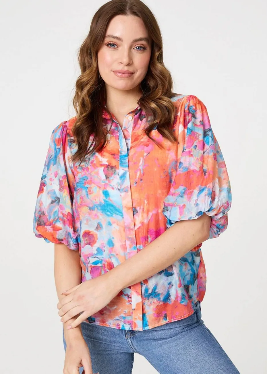 Izabel London Orange Abstract Print 1/2 Sleeve Shirt