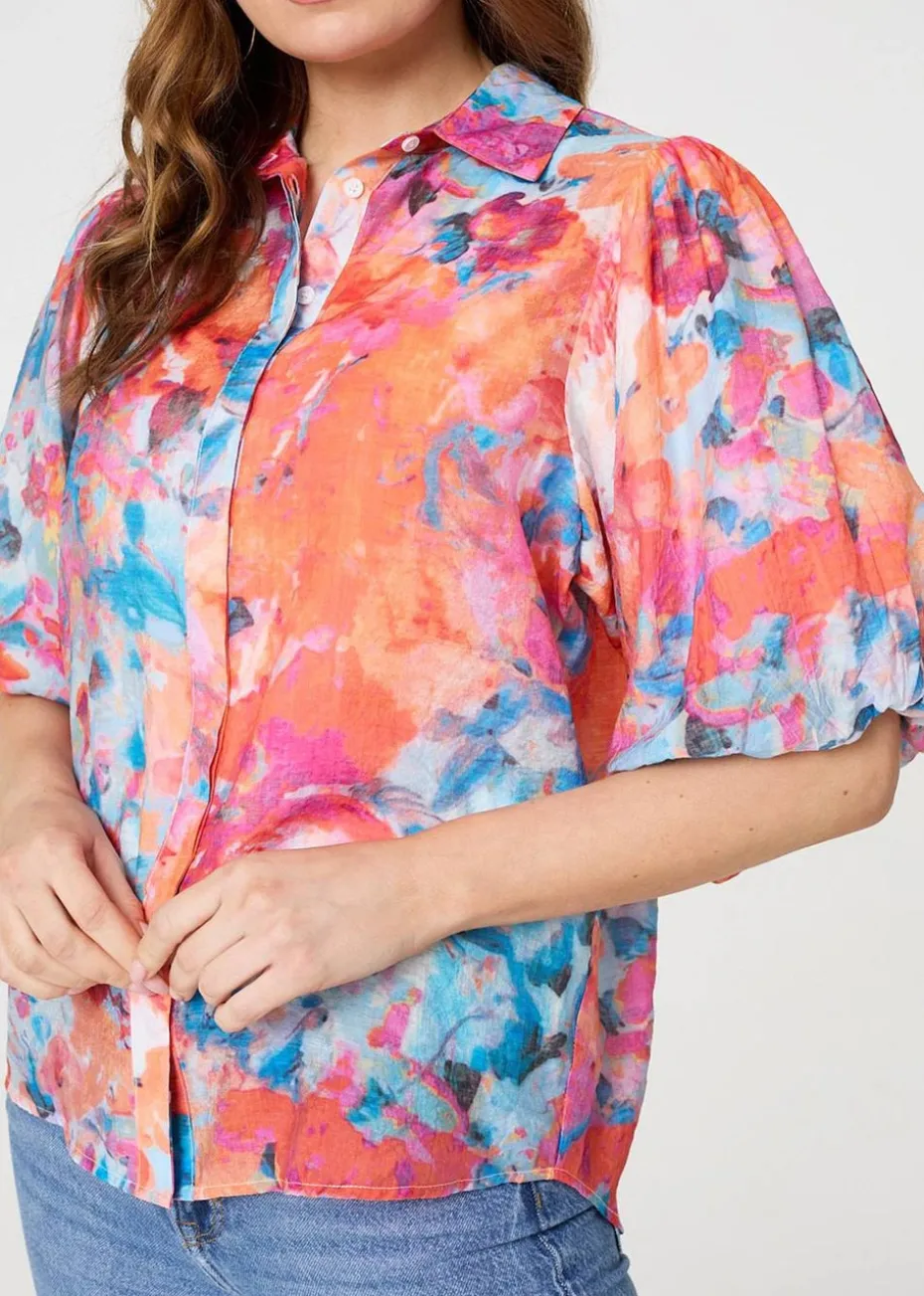 Izabel London Orange Abstract Print 1/2 Sleeve Shirt
