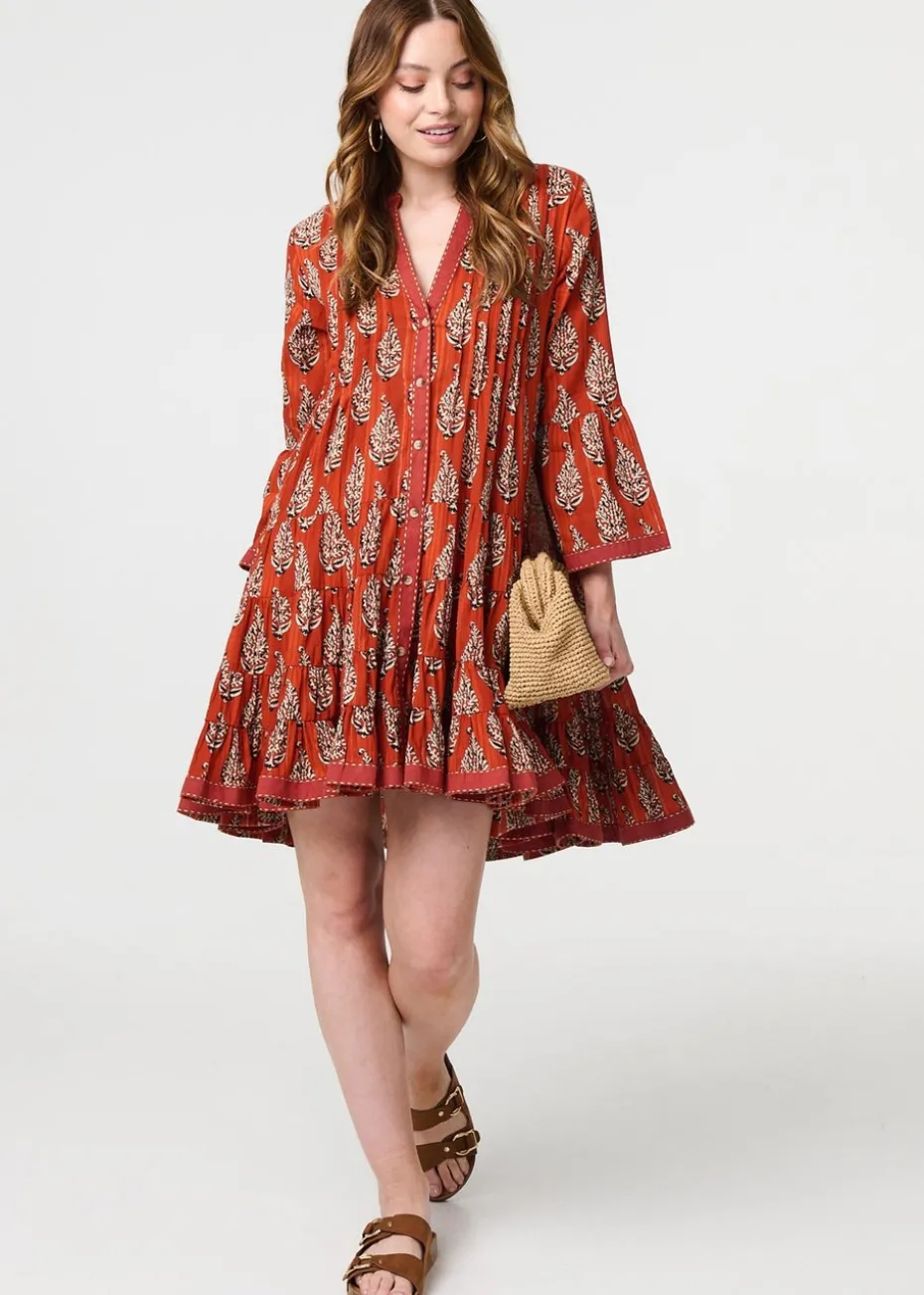 Izabel London Orange Feather Print Flare Sleeve Short Dress