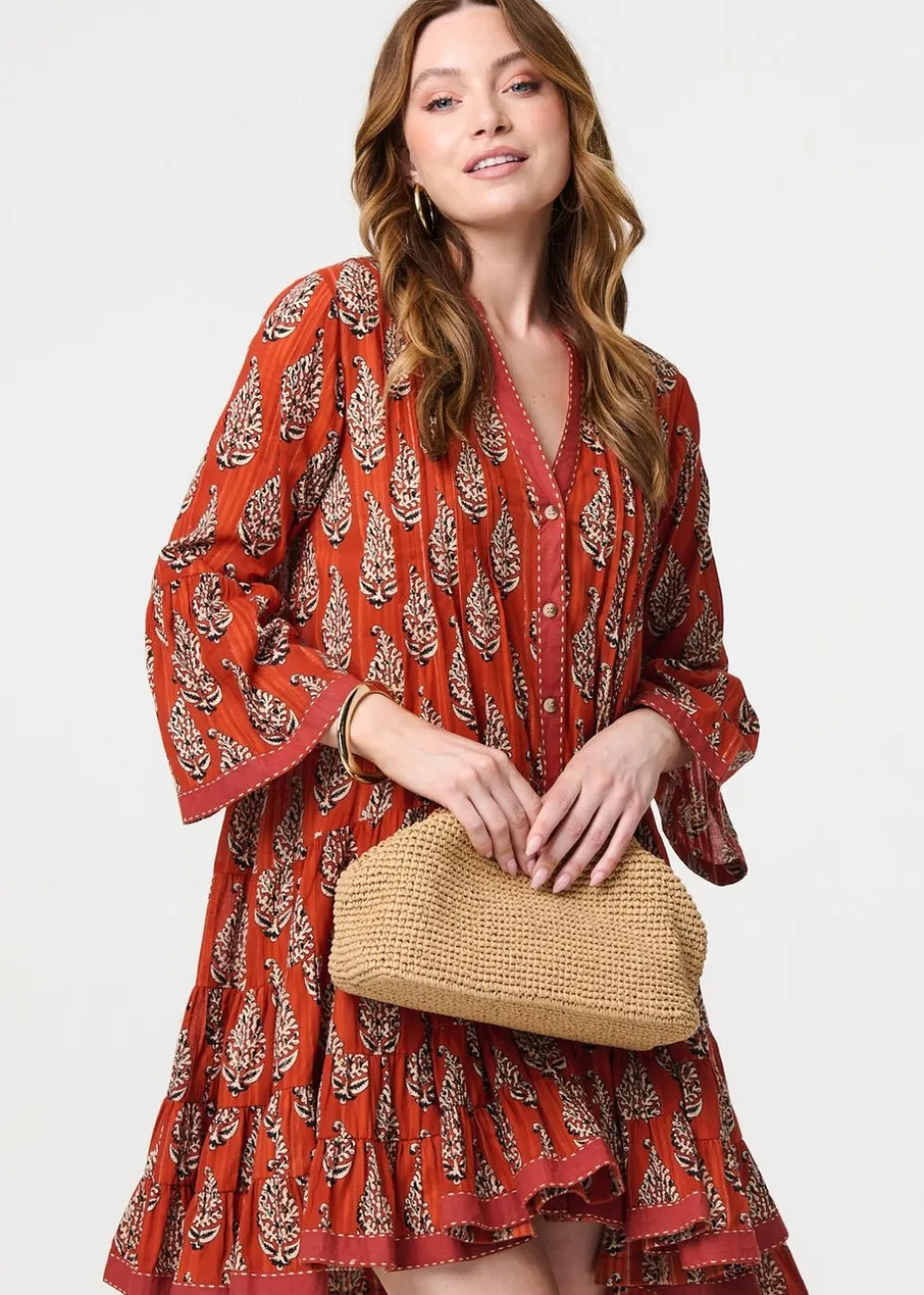 Izabel London Orange Feather Print Flare Sleeve Short Dress
