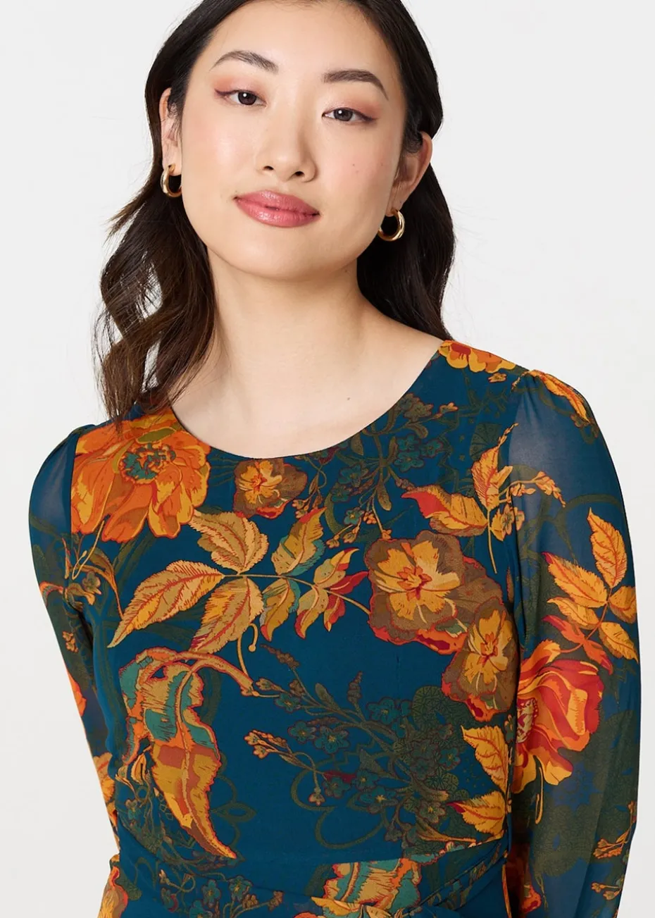 Izabel London Orange Floral Semi Sheer Tie Waist Maxi Dress
