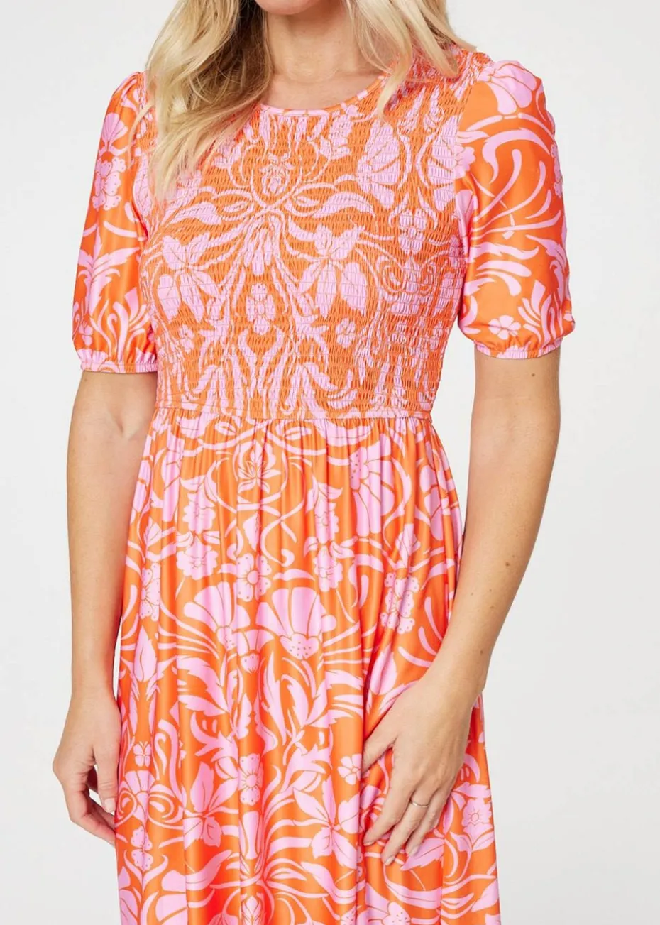 Izabel London Orange Floral Smocked Detail Midi Dress