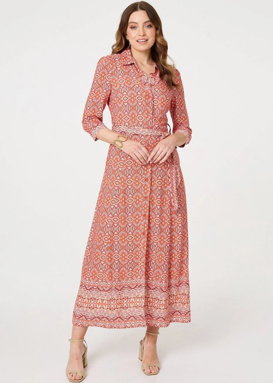 Izabel London Orange Geo Print Tie Waist Maxi Shirt Dress