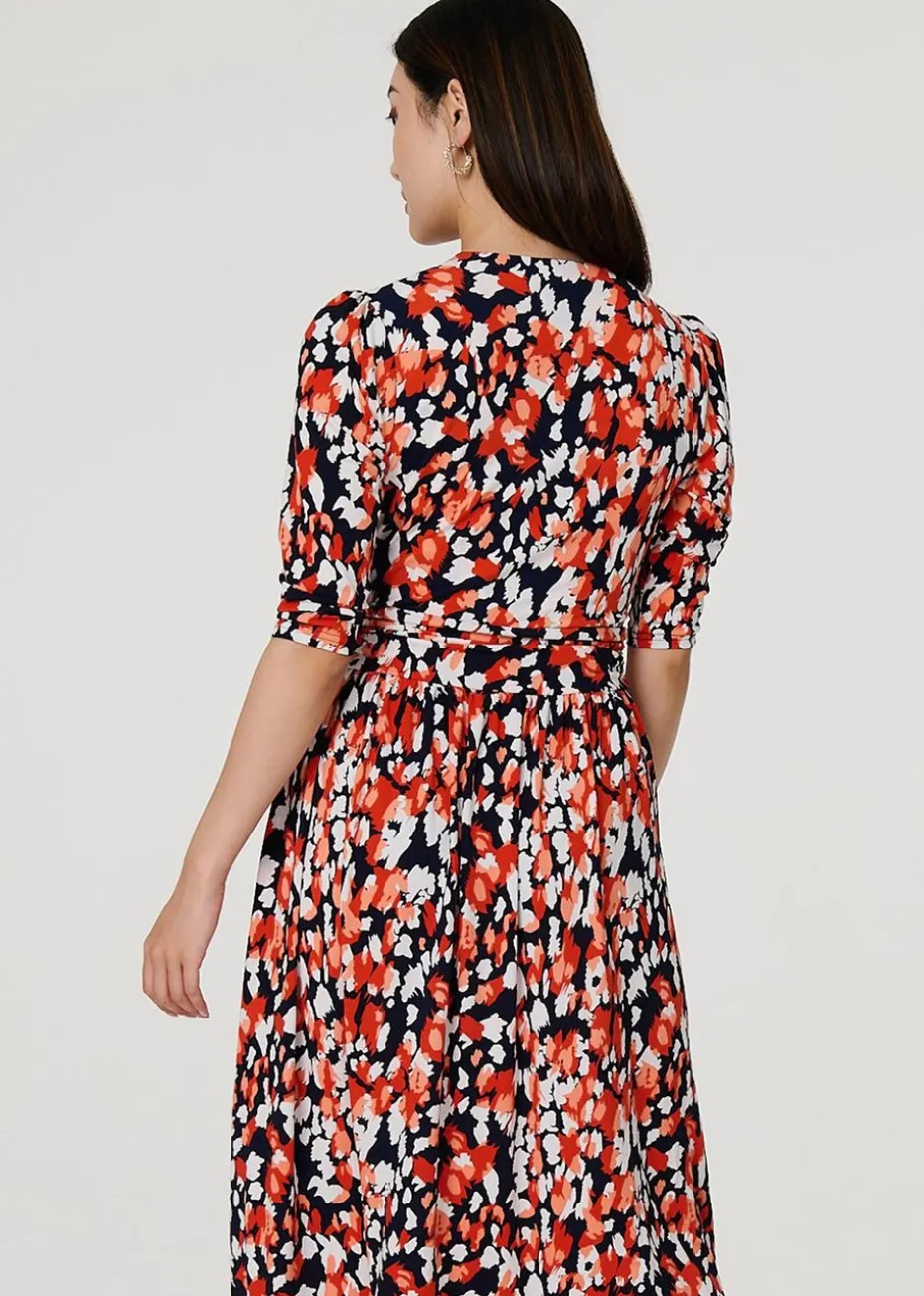 Izabel London Orange Printed V-Neck Midi Wrap Dress