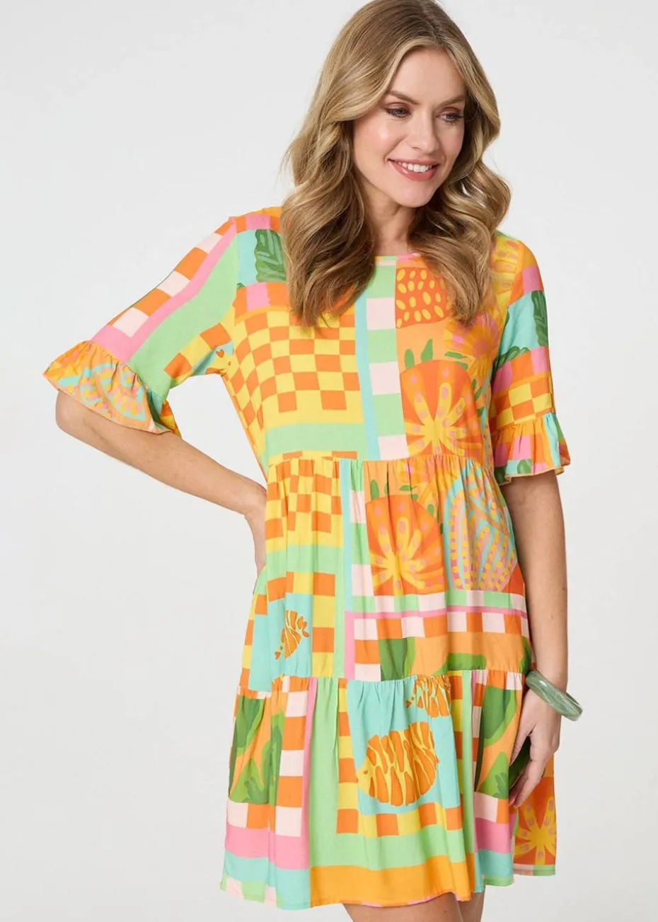 Izabel London Orange Tropical Tile Print Smock Dress