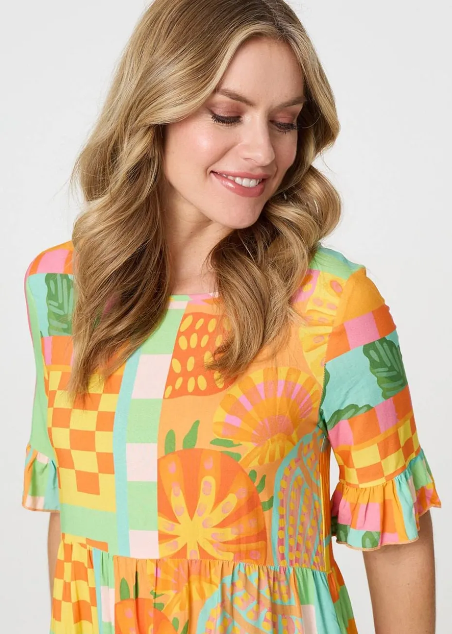 Izabel London Orange Tropical Tile Print Smock Dress