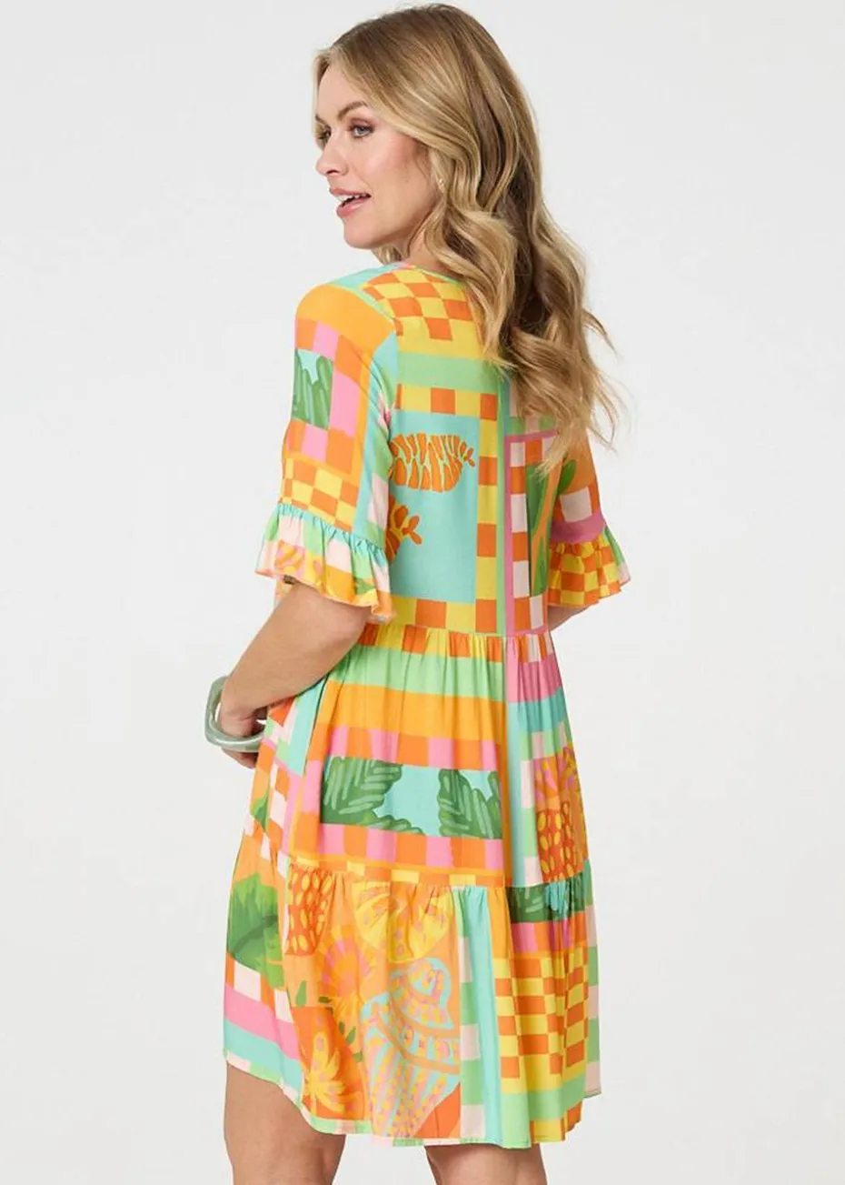 Izabel London Orange Tropical Tile Print Smock Dress