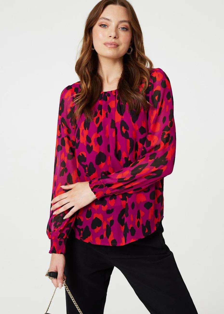 Izabel London Pink Animal Print Long Sleeve Ruched Blouse