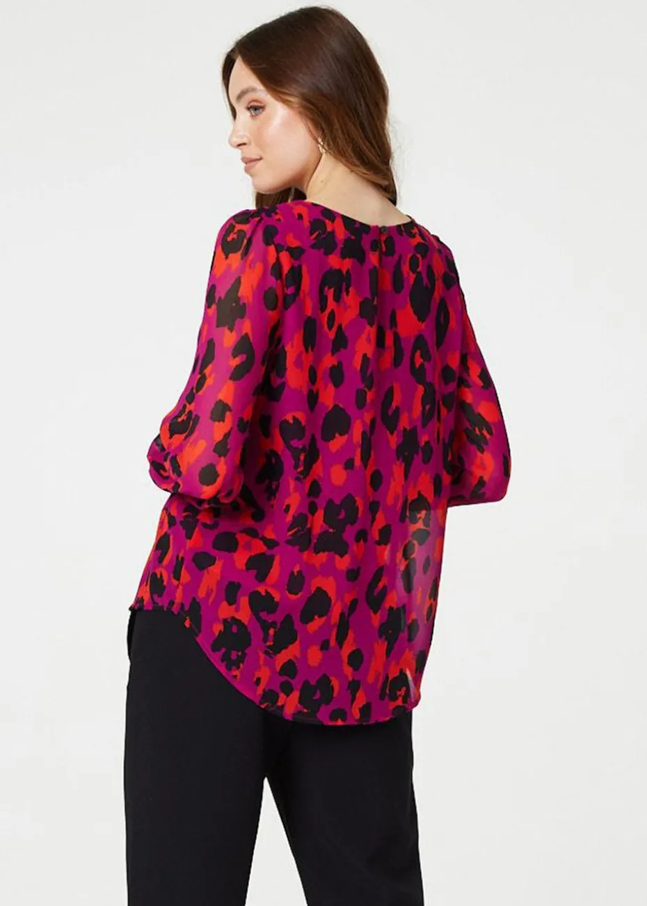 Izabel London Pink Animal Print Long Sleeve Ruched Blouse
