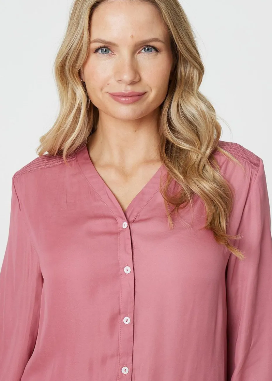 Izabel London Pink Collarless Button Up Long Sleeve Shirt