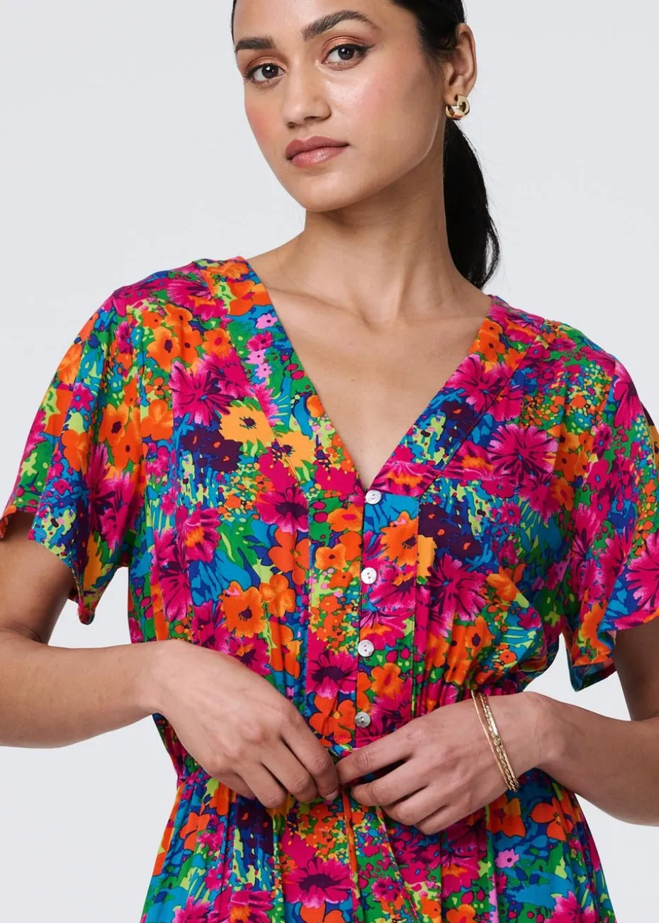 Izabel London Pink Floral Short Sleeve Tie Waist Dress