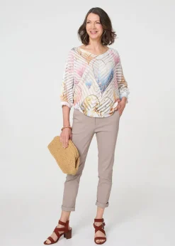Izabel London Pink Heart Print Open Knit 3/4 Sleeve Top
