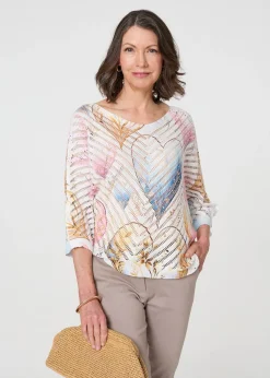 Izabel London Pink Heart Print Open Knit 3/4 Sleeve Top