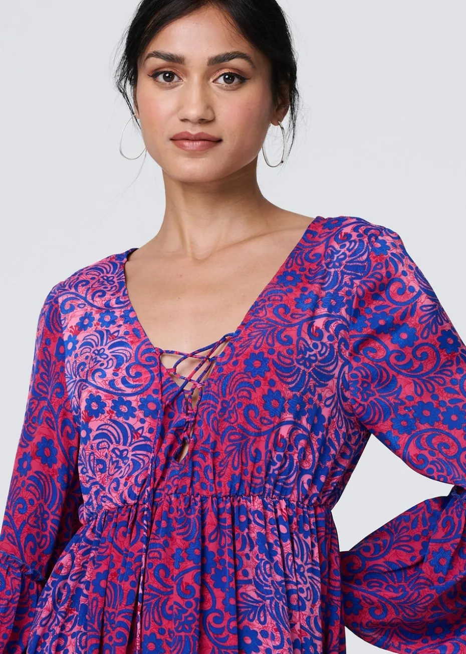 Izabel London Pink Paisley Tassel V-Neck Knee Length Dress