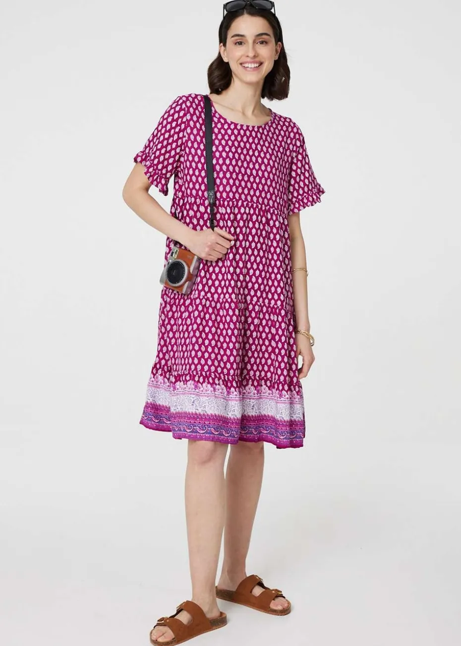 Izabel London Pink Printed Short Sleeve Tiered Smock Dress