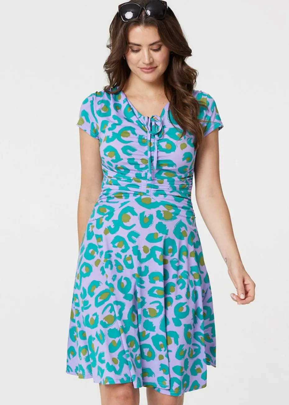 Izabel London Purple Animal Print Ruched Front Jersey Dress