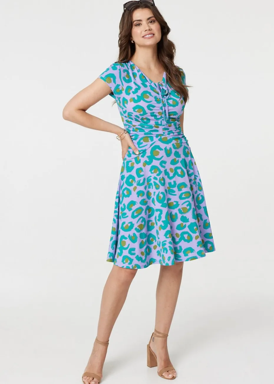 Izabel London Purple Animal Print Ruched Front Jersey Dress