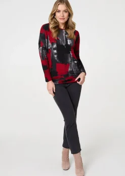 Izabel London Red Abstract Knit Long Sleeve Jumper