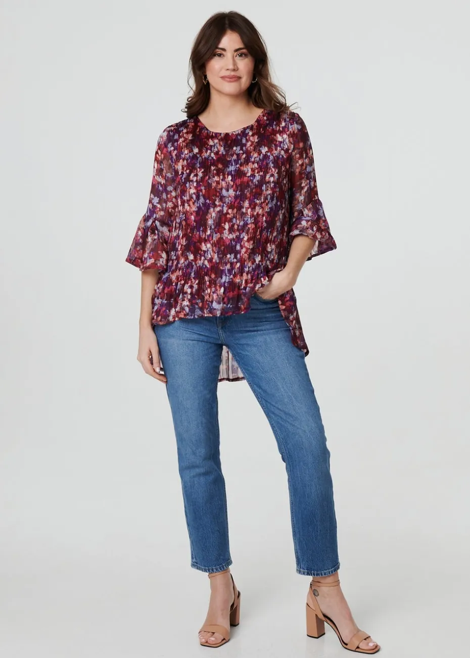 Izabel London Red Animal Print Pleated 3/4 Sleeve Blouse