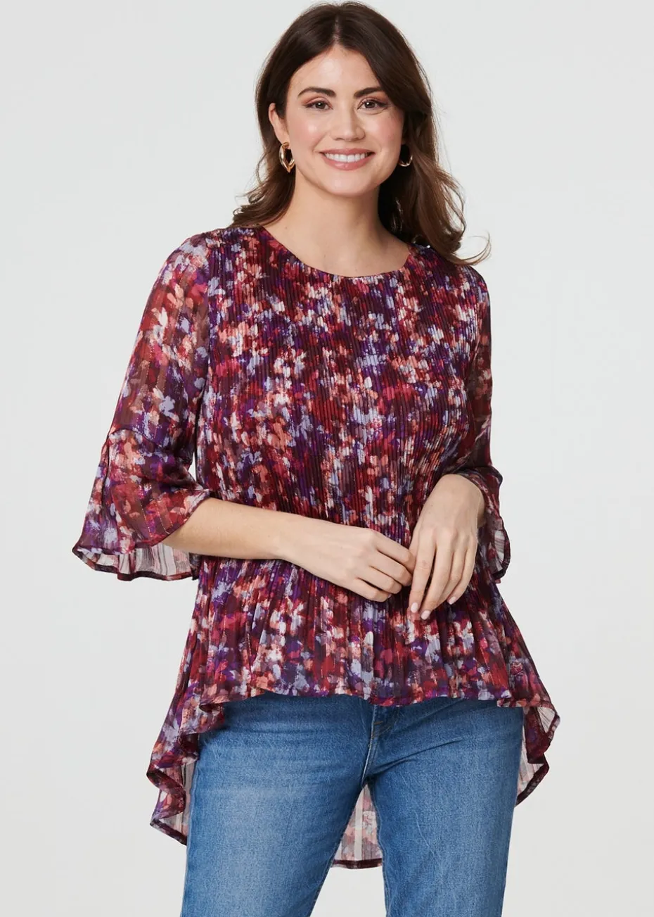 Izabel London Red Animal Print Pleated 3/4 Sleeve Blouse