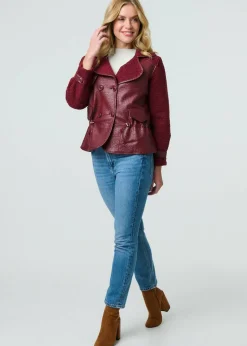 Izabel London Red Faux Leather Fleece Lined Jacket