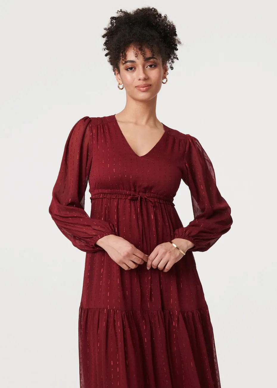 Izabel London Red Sparkly Semi Sheer Long Sleeve Midi Dress