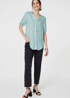 Izabel London Sage Plain V-Neck Puff 1/2 Sleeve Shirt