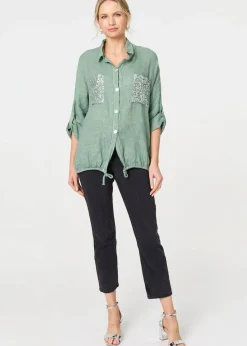 Izabel London Sage Sequin Detail 3/4 Turn-Up Sleeve Shirt