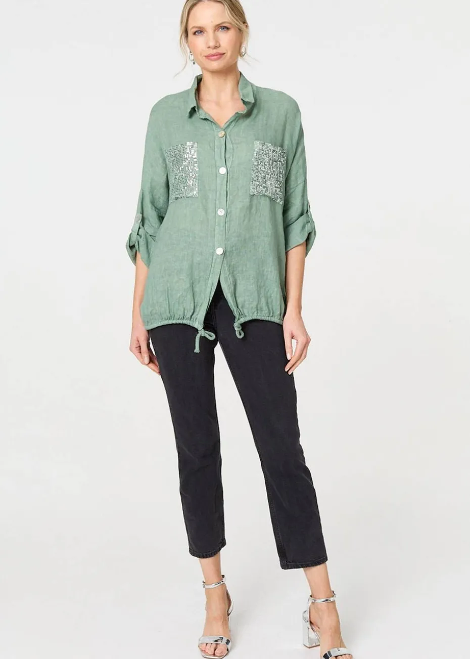 Izabel London Sage Sequin Detail 3/4 Turn-Up Sleeve Shirt