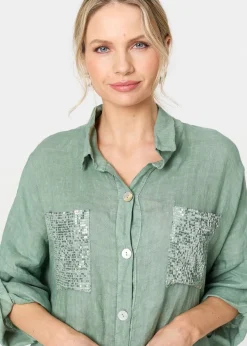 Izabel London Sage Sequin Detail 3/4 Turn-Up Sleeve Shirt