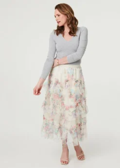 Izabel London White Floral Semi Sheer Mesh Ruffled Midi Skirt
