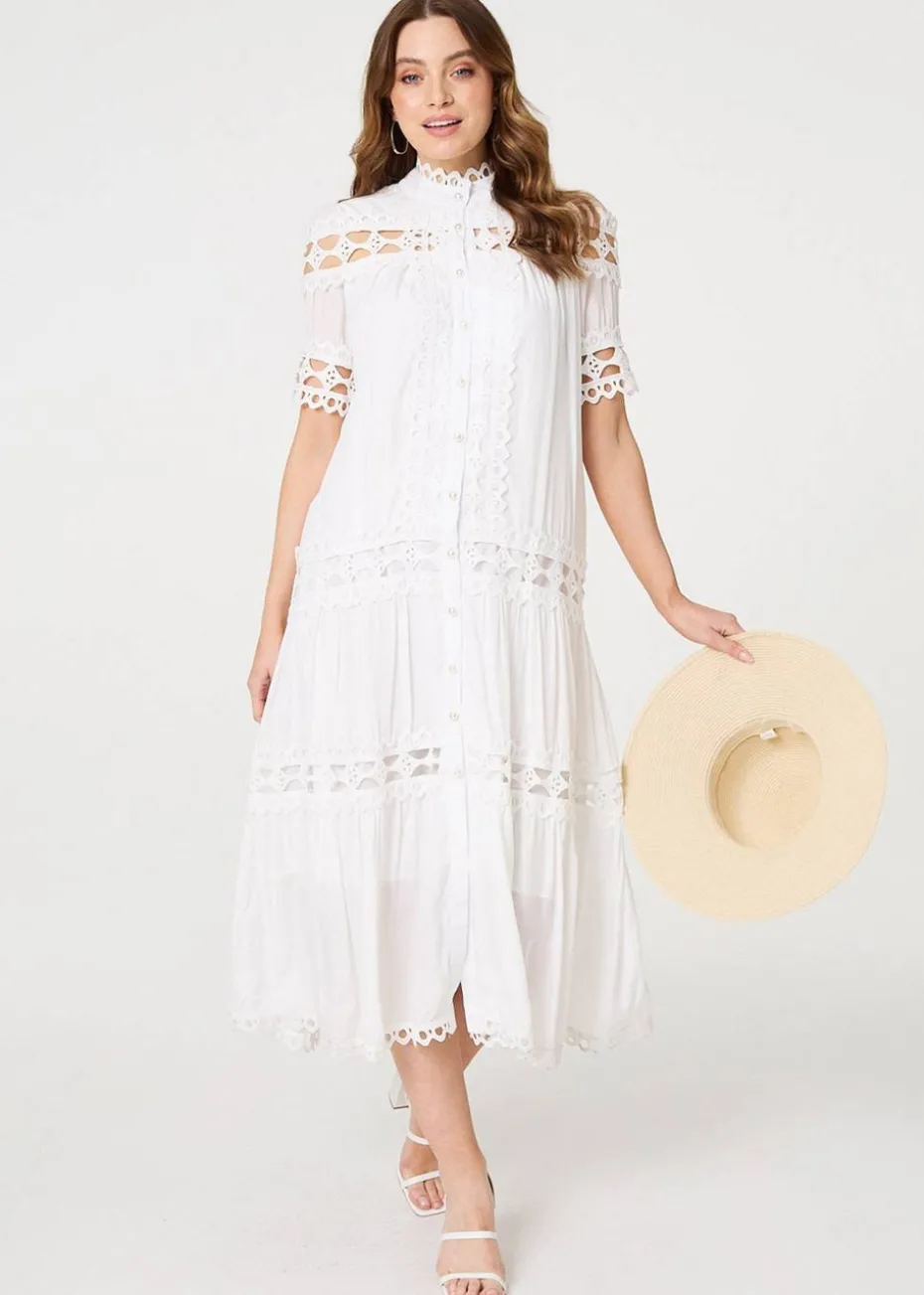 Izabel London White Lace Cut Out Detail Tie Waist Midi Dress