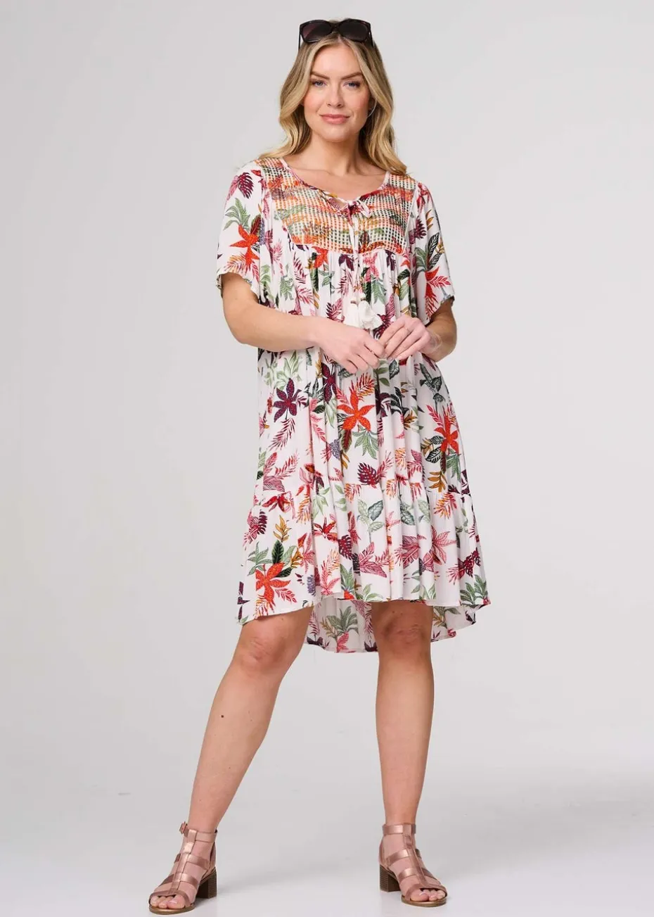 Izabel London White Tropical Print Tie Neck Knee Length Dress