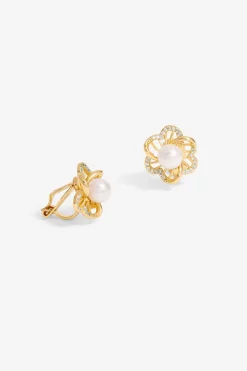 Jon Richard Gold Plated Cubic Zirconia & Pearl Flower Clip Earrings