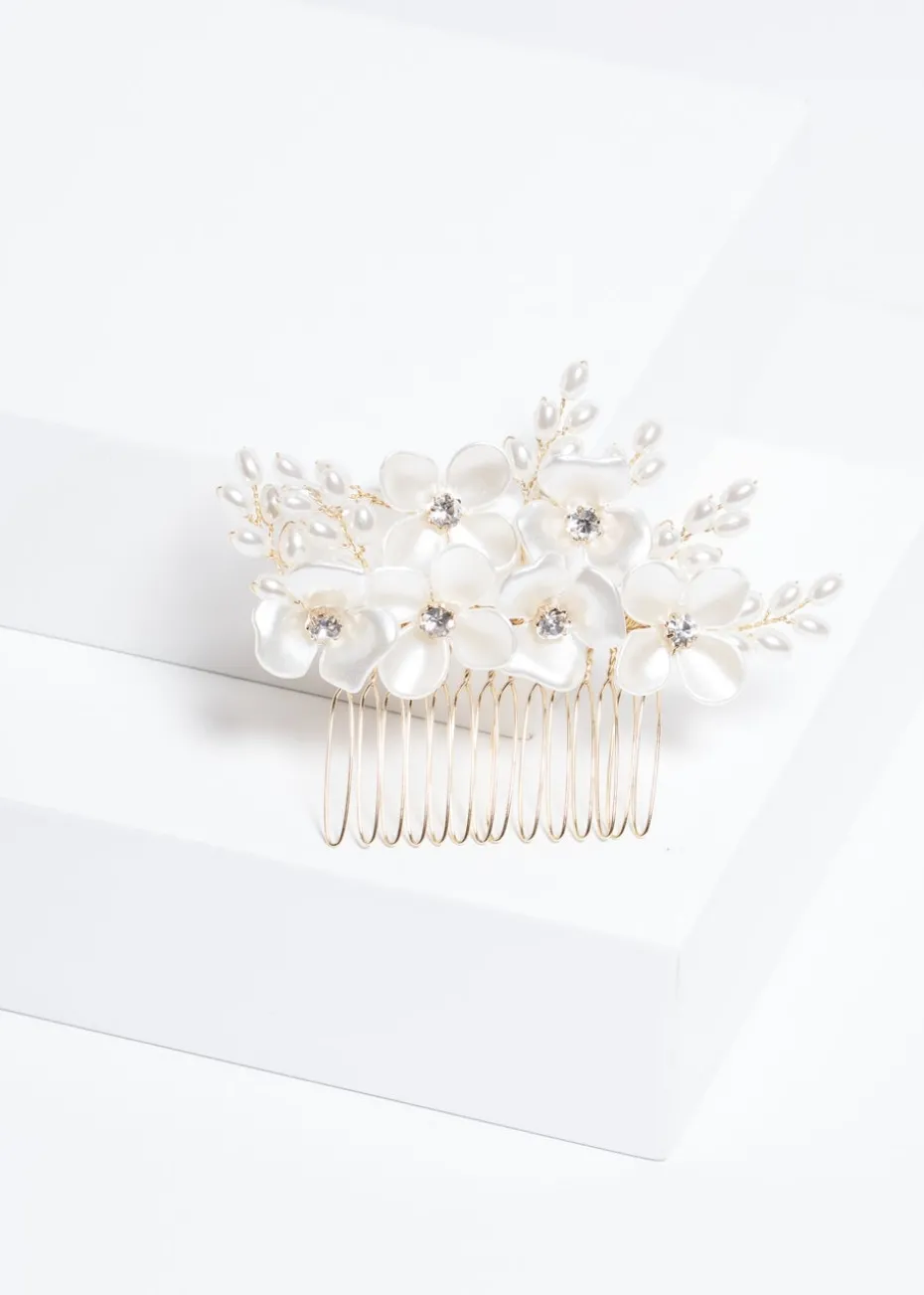 Jon Richard Gold Plated White Floral & Crystal Hair Comb