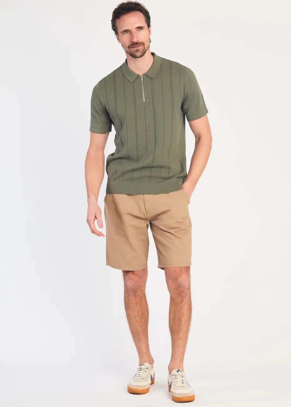 Kensington Eastside Khaki Cotton Short Sleeve Zip Neck Polo Shirt