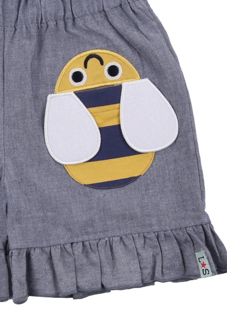 Lilly & Sid Blue Busy Bee Applique Shorts (24 Months- 8 Years)