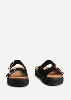 Linzi Alabama Black Faux Suede Double Buckle Plaited Flatform Slider
